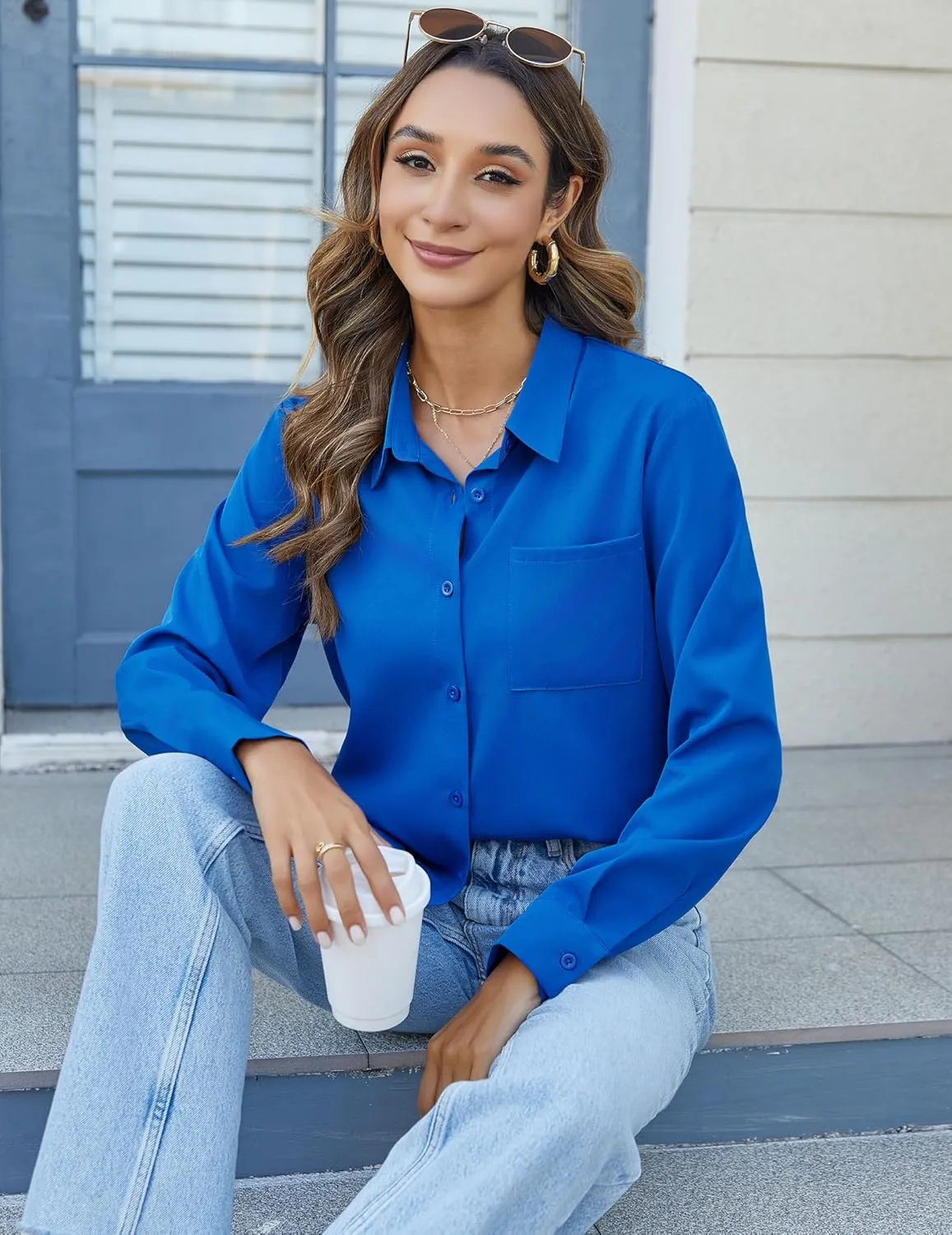 HOTOUCH Womens Button Down Shirts Long Sleeve Dress Shirts Casual V Neck Collared Tops Work Office Blouse with Pocket