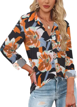HOTOUCH Womens Button Down Shirts Long Sleeve Dress Shirts Casual V Neck Collared Tops Work Office Blouse with Pocket