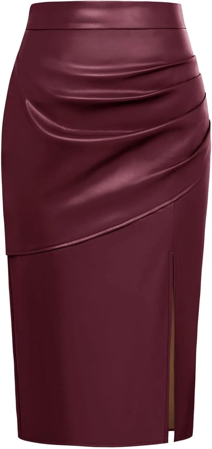 Kate Kasin 2024 Women's Faux Leather Skirts Front Slit Ruched Tummy Control High Waist Bodycon Midi Pencil Skirt S-XXL