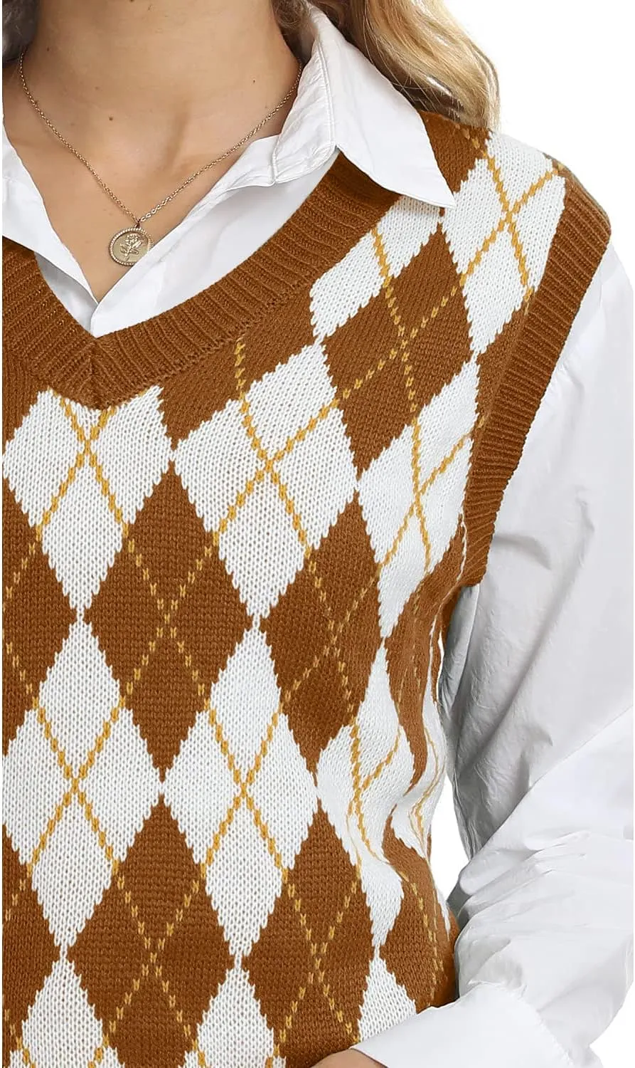Lailezou Women's V Neck Knit Sweater Vest Argyle Plaid Preppy Style Sleeveless Crop Knitwear Tank
