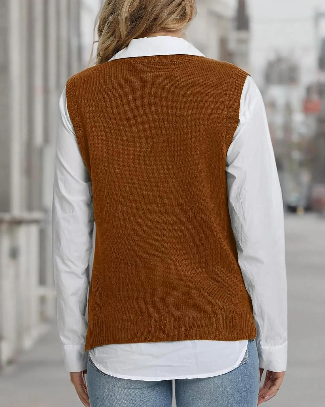 Lailezou Women's V Neck Knit Sweater Vest Argyle Plaid Preppy Style Sleeveless Crop Knitwear Tank