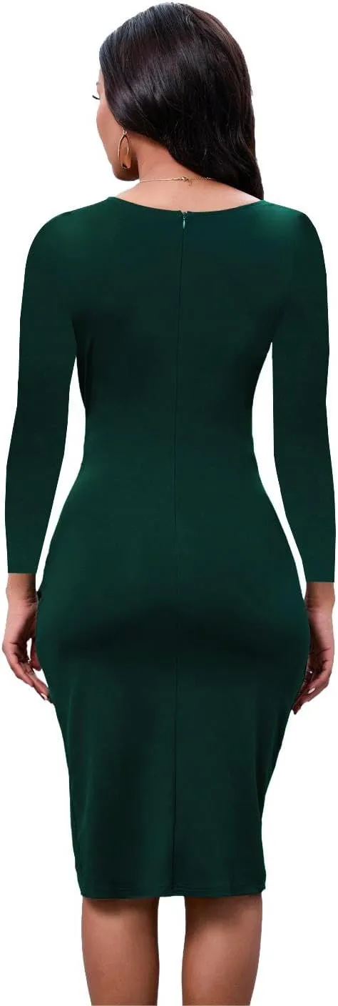 LaiyiVic Women's Bodycon Midi Dress Long Sleeve 2024 Sexy V Neck Ruched Wrap Wedding Guest Formal Club Dresses