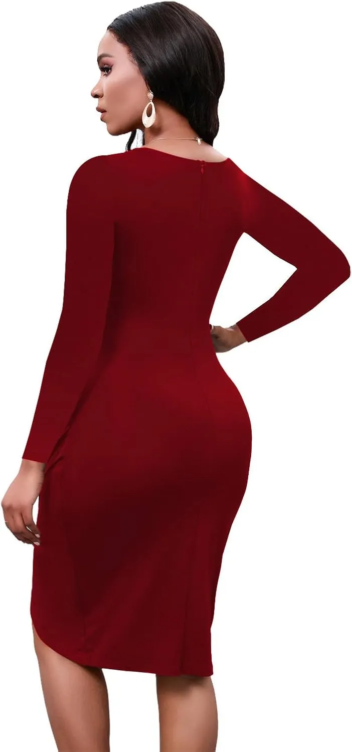 LaiyiVic Women's Bodycon Midi Dress Long Sleeve 2024 Sexy V Neck Ruched Wrap Wedding Guest Formal Club Dresses