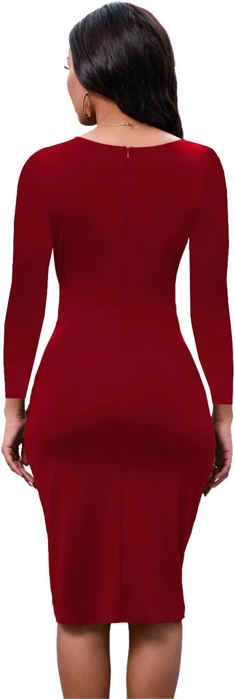 LaiyiVic Women's Bodycon Midi Dress Long Sleeve 2024 Sexy V Neck Ruched Wrap Wedding Guest Formal Club Dresses