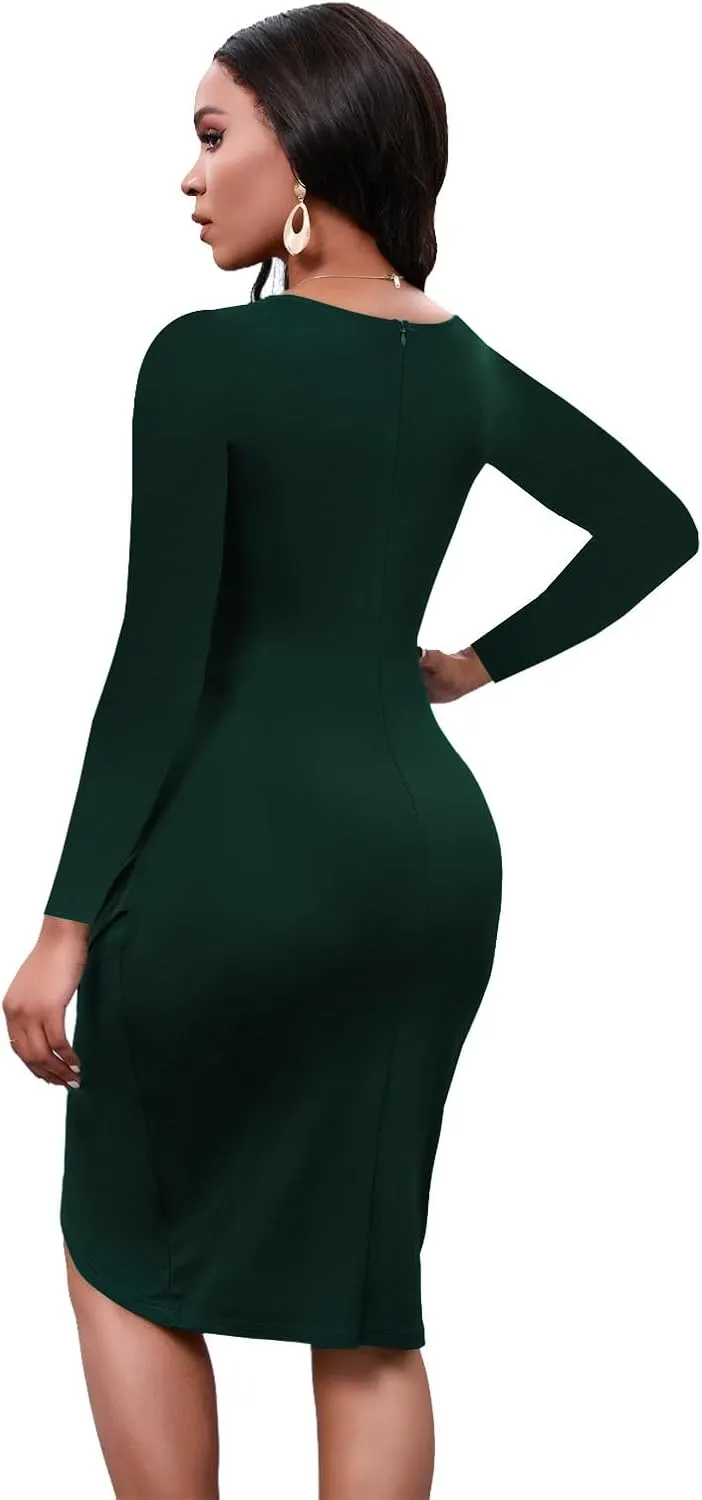 LaiyiVic Women's Bodycon Midi Dress Long Sleeve 2024 Sexy V Neck Ruched Wrap Wedding Guest Formal Club Dresses