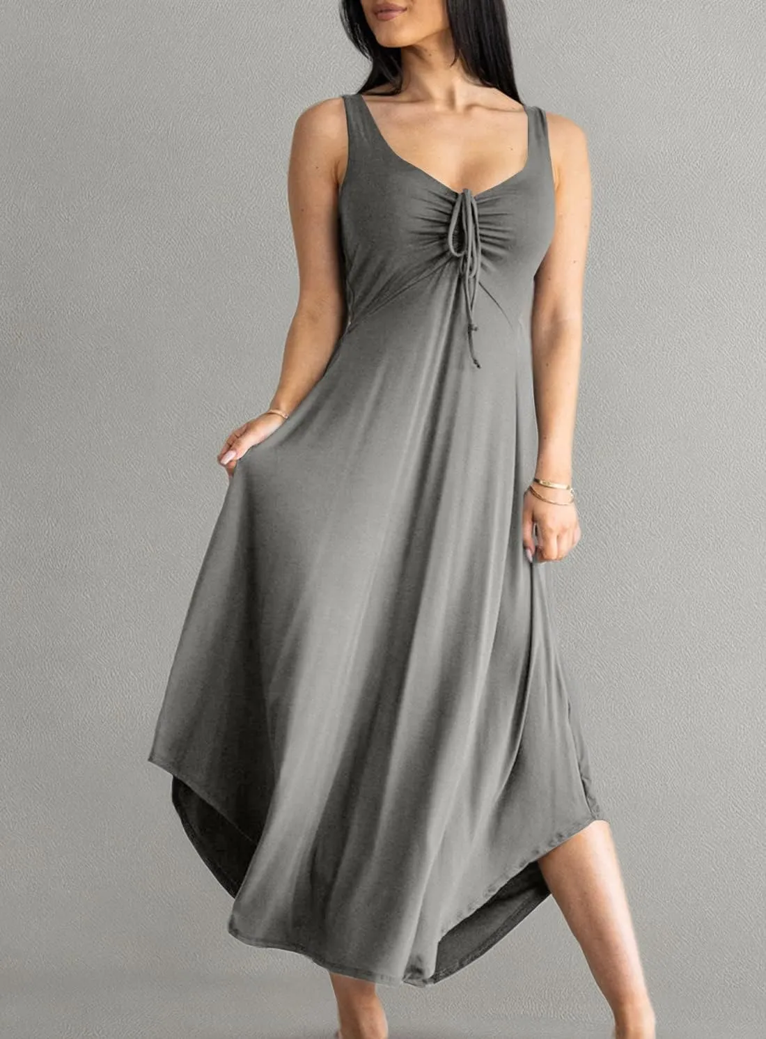 Langwyqu Womens 2025 Summer Sleeveless Tank Dress Empire Waist Asymmetrical Flowy Casual Maxi Dresses