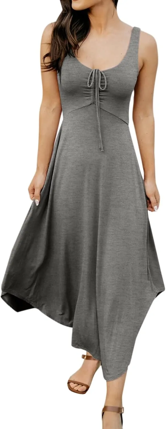 Langwyqu Womens 2025 Summer Sleeveless Tank Dress Empire Waist Asymmetrical Flowy Casual Maxi Dresses