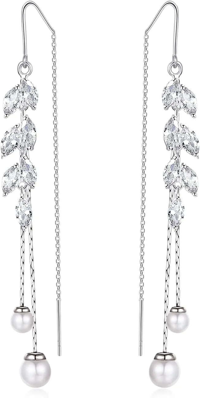 Long Pearl Dangle Earrings with Cubic Zirconia Hook Threader Earrings for Bride Bridesmaid Wedding Prom