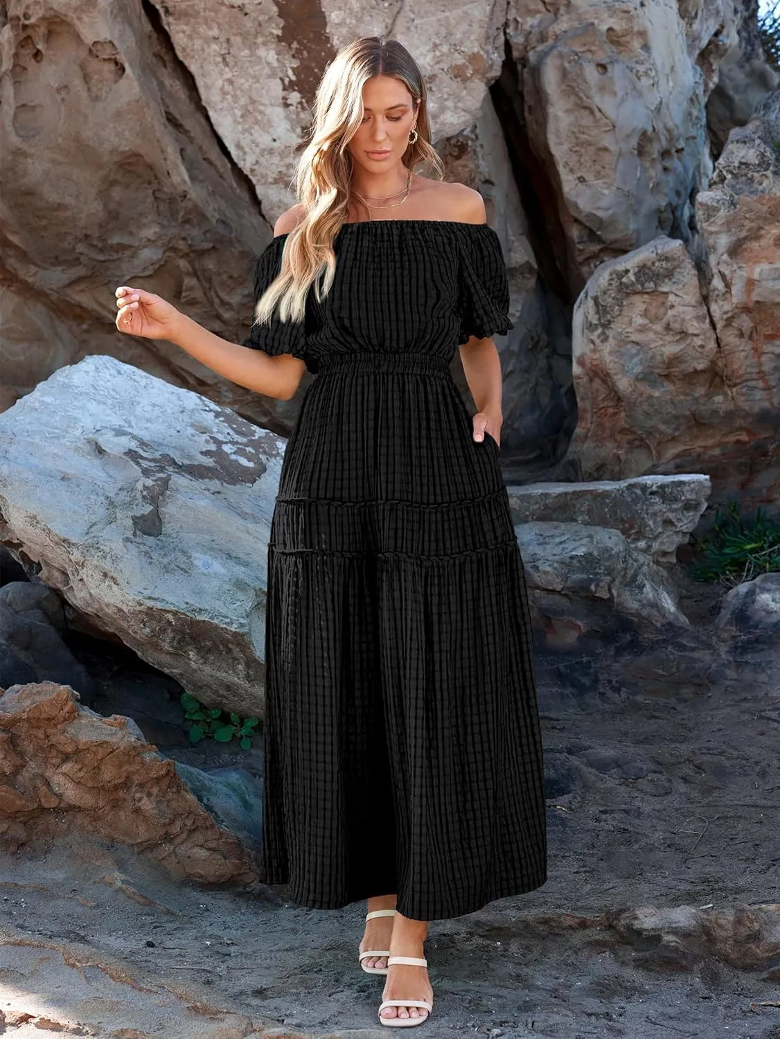 MASCOMODA Off The Shoulder Flowy Maxi Dress for Women 2024 Summer Casual Puff Short Sleeve Smocked Ruffle Beach Long Dresses