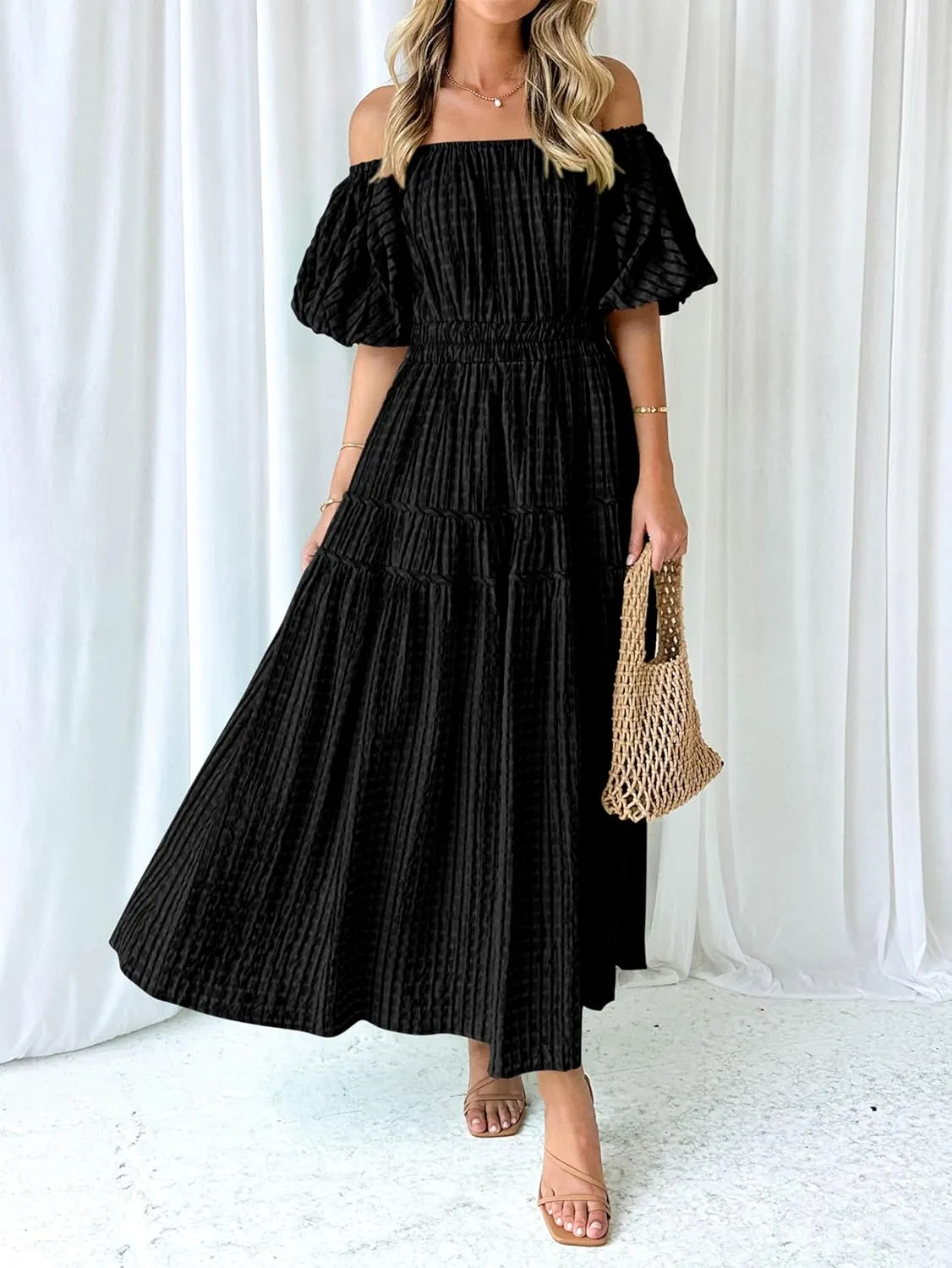 MASCOMODA Off The Shoulder Flowy Maxi Dress for Women 2024 Summer Casual Puff Short Sleeve Smocked Ruffle Beach Long Dresses