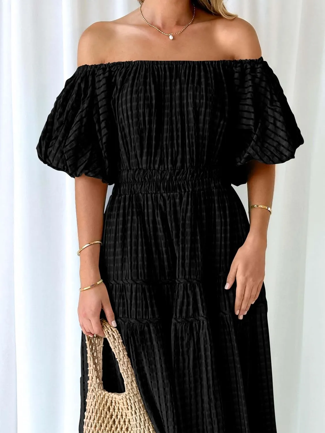 MASCOMODA Off The Shoulder Flowy Maxi Dress for Women 2024 Summer Casual Puff Short Sleeve Smocked Ruffle Beach Long Dresses