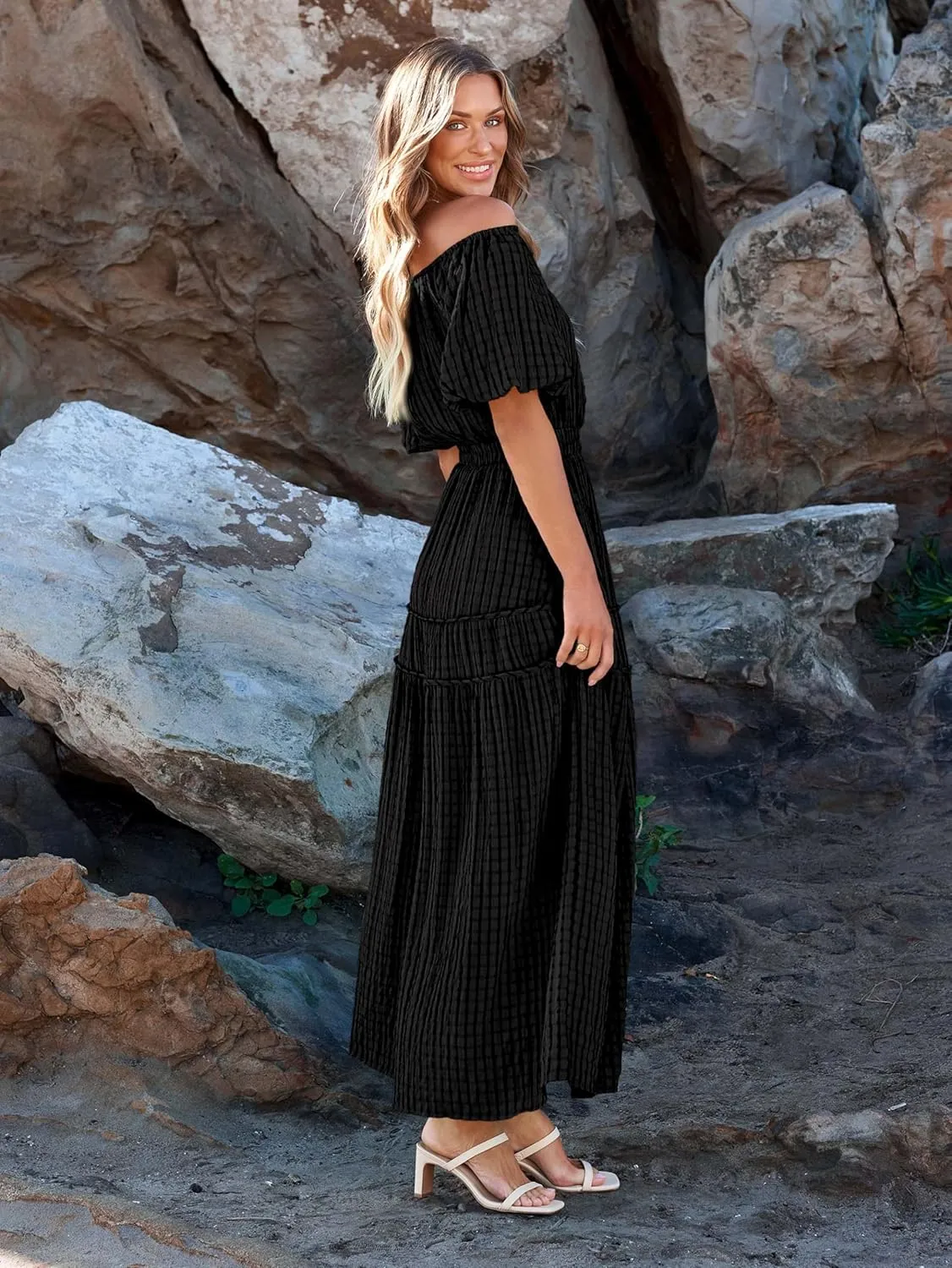 MASCOMODA Off The Shoulder Flowy Maxi Dress for Women 2024 Summer Casual Puff Short Sleeve Smocked Ruffle Beach Long Dresses