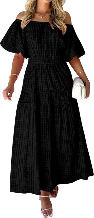 MASCOMODA Off The Shoulder Flowy Maxi Dress for Women 2024 Summer Casual Puff Short Sleeve Smocked Ruffle Beach Long Dresses