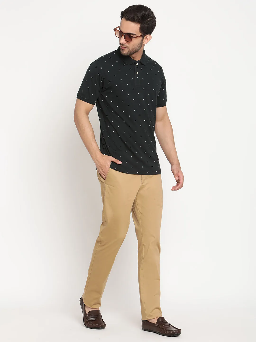 Men's Bottle Green All over print Polo neck Half Sleeve T-Shirt