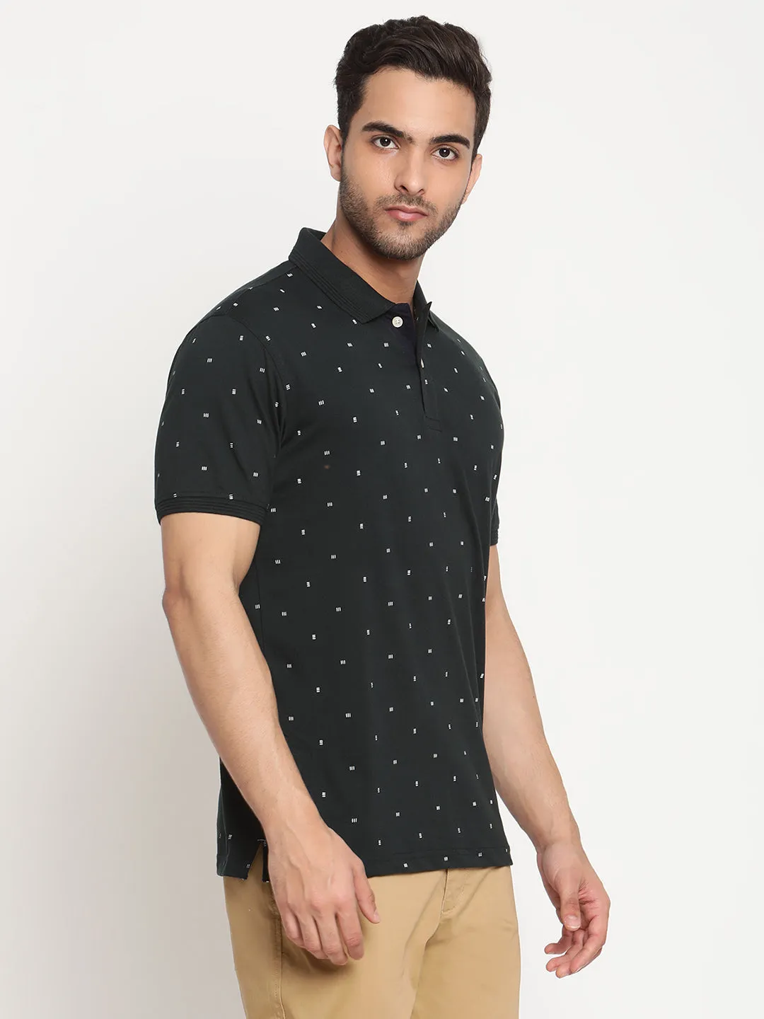 Men's Bottle Green All over print Polo neck Half Sleeve T-Shirt
