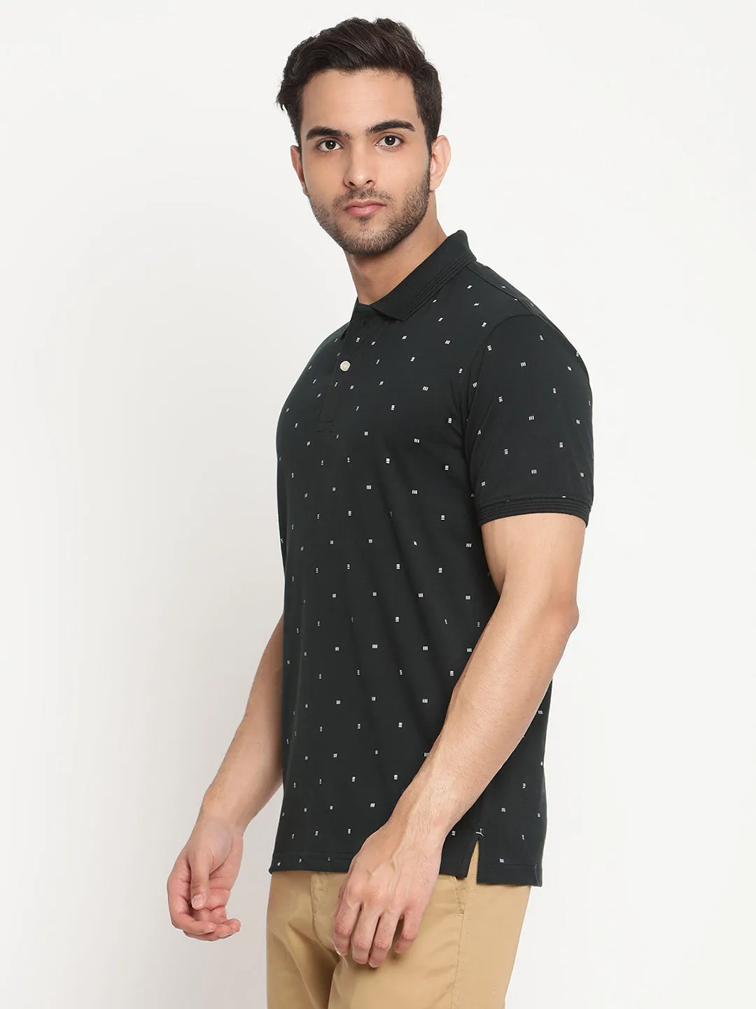 Men's Bottle Green All over print Polo neck Half Sleeve T-Shirt