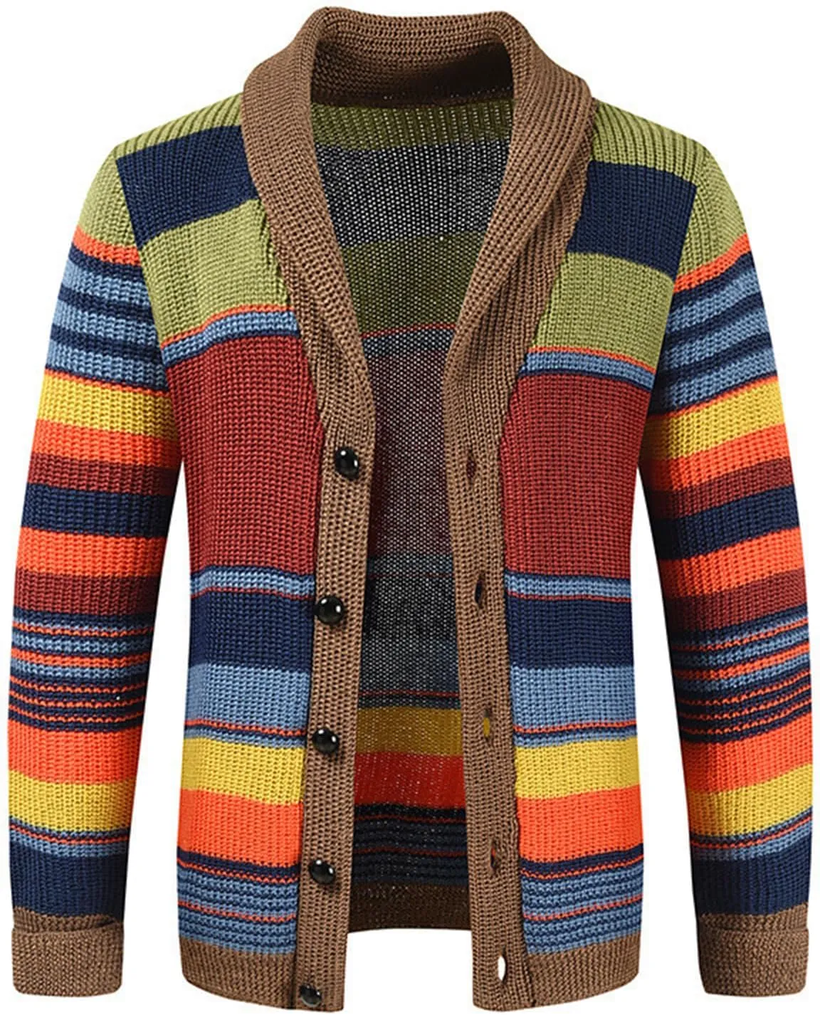 Mens Rainbow Cardigan Sweaters Striped Color Block Shawl Collar Sweatshirt Cable Knit Open Front Warm Lapel Outwear