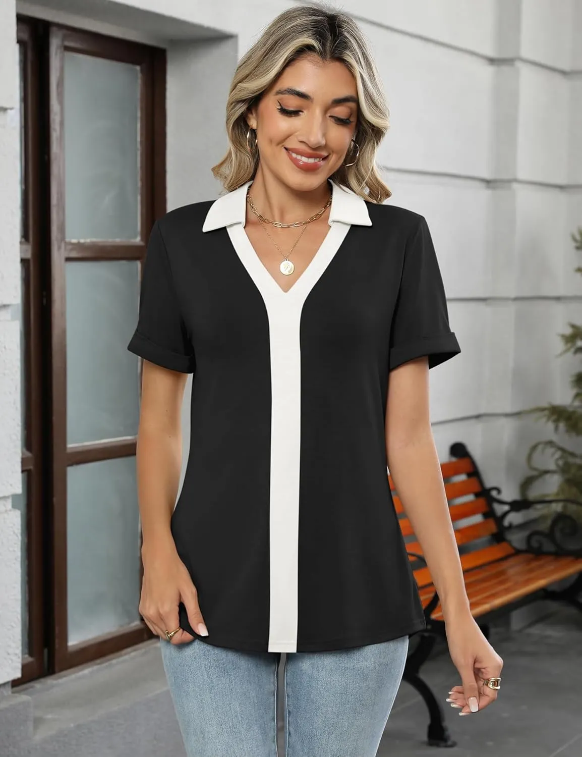 Micoson Womens Polo Shirts Dressy V Neck Business Casual Tops Lapel Collar Short Sleeve Summer Shirts Loose Fit Work Blouses