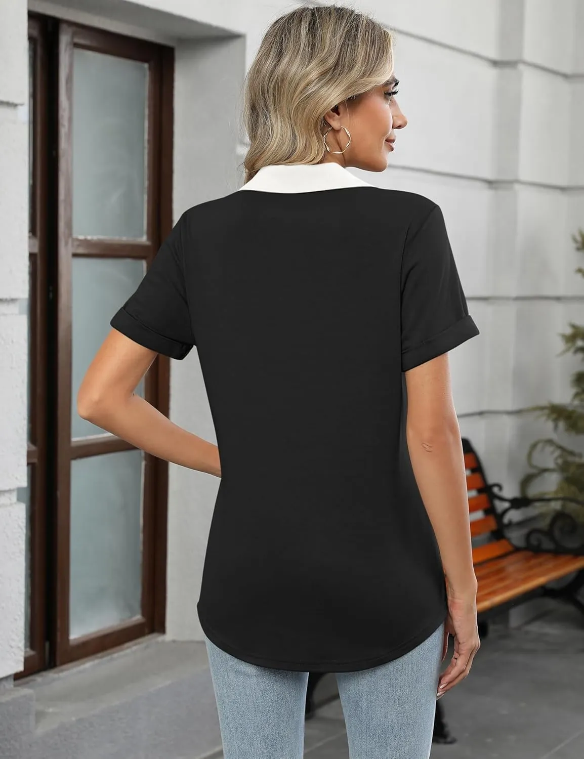 Micoson Womens Polo Shirts Dressy V Neck Business Casual Tops Lapel Collar Short Sleeve Summer Shirts Loose Fit Work Blouses