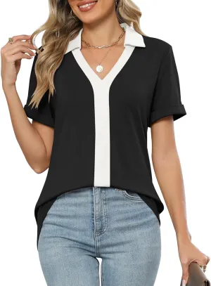 Micoson Womens Polo Shirts Dressy V Neck Business Casual Tops Lapel Collar Short Sleeve Summer Shirts Loose Fit Work Blouses
