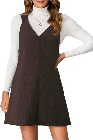 Milumia Women V Neck Corduroy Pinafore Overall Mini Dress Jumper Dress