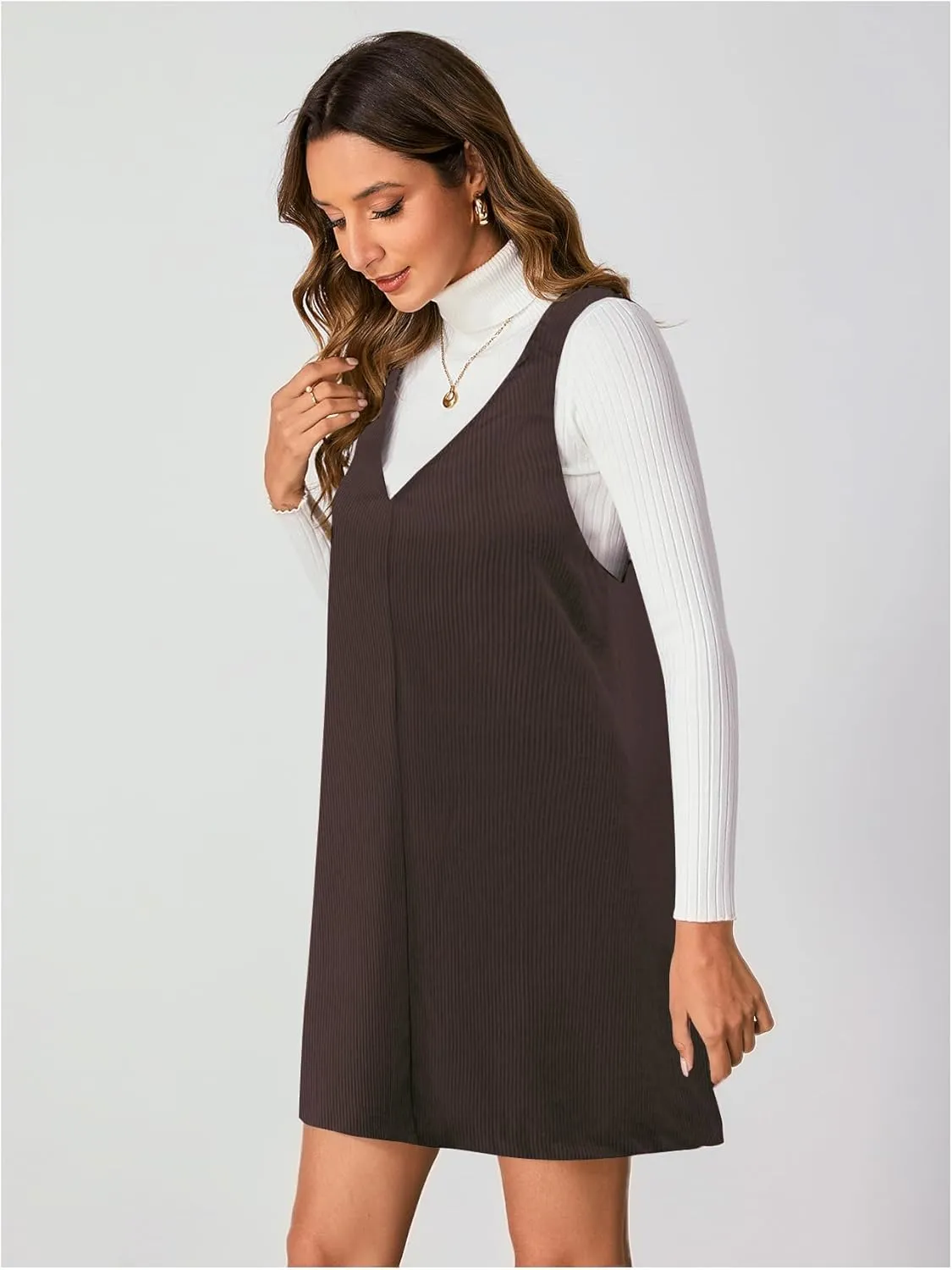 Milumia Women V Neck Corduroy Pinafore Overall Mini Dress Jumper Dress