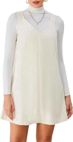 Milumia Women V Neck Corduroy Pinafore Overall Mini Dress Jumper Dress
