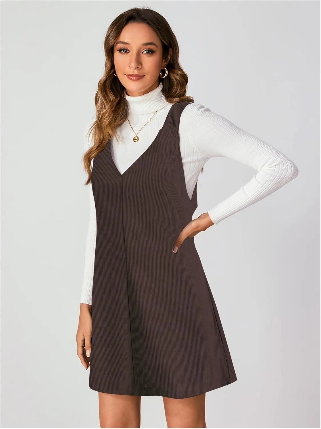 Milumia Women V Neck Corduroy Pinafore Overall Mini Dress Jumper Dress