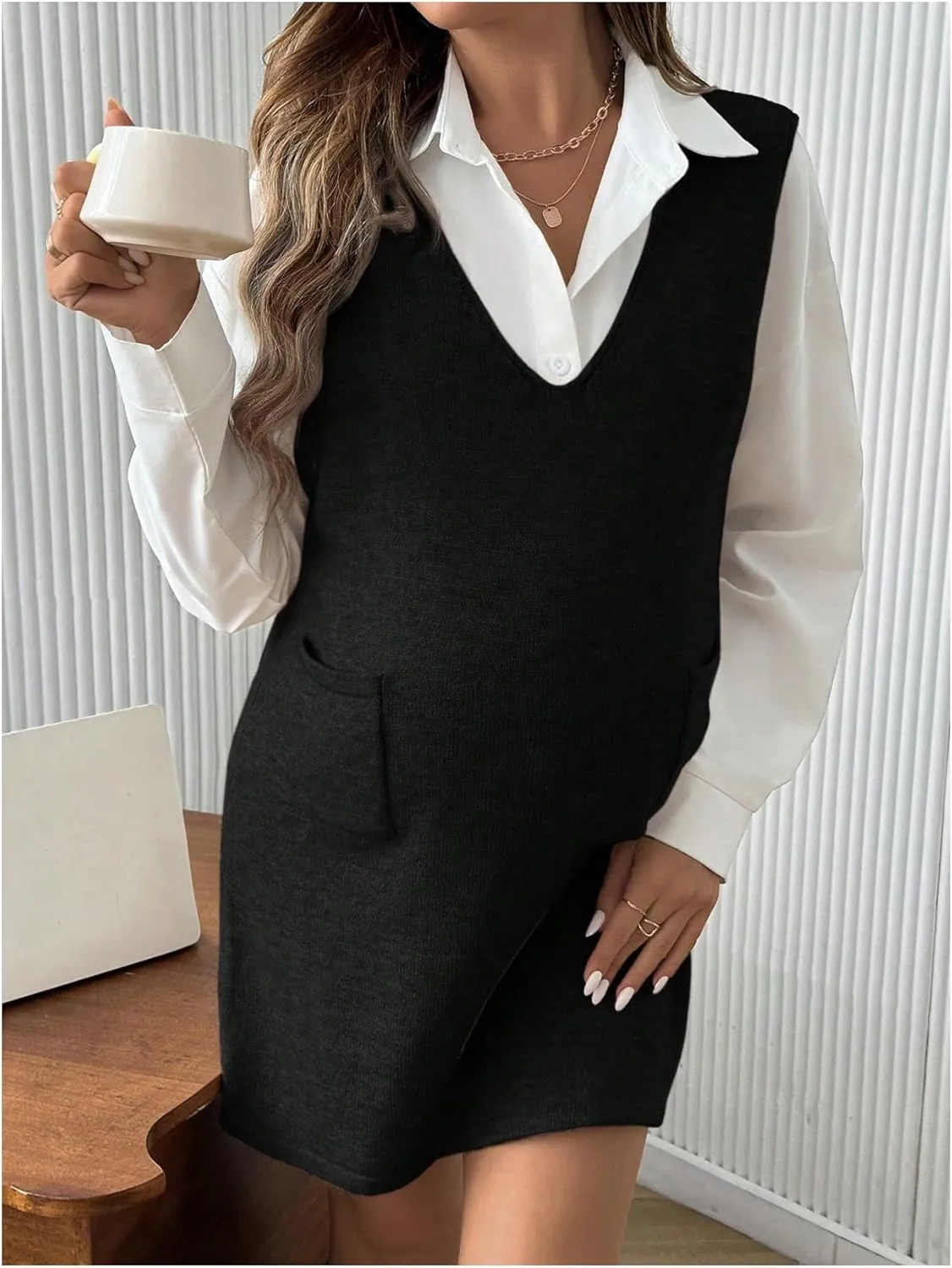 OYOANGLE Women's Maternity V Neck Sleeveless Sweater Dress Solid Knit Vest Dresses with Pocket