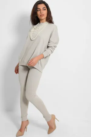 PEARL ACCESSORISED JUMPER & LEGGINGS KNIT GREY LOUNGE SET