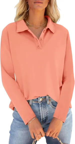 PGANDS Women's Long Sleeve Collared Polo Shirts V Neck Button Down Casual Tops