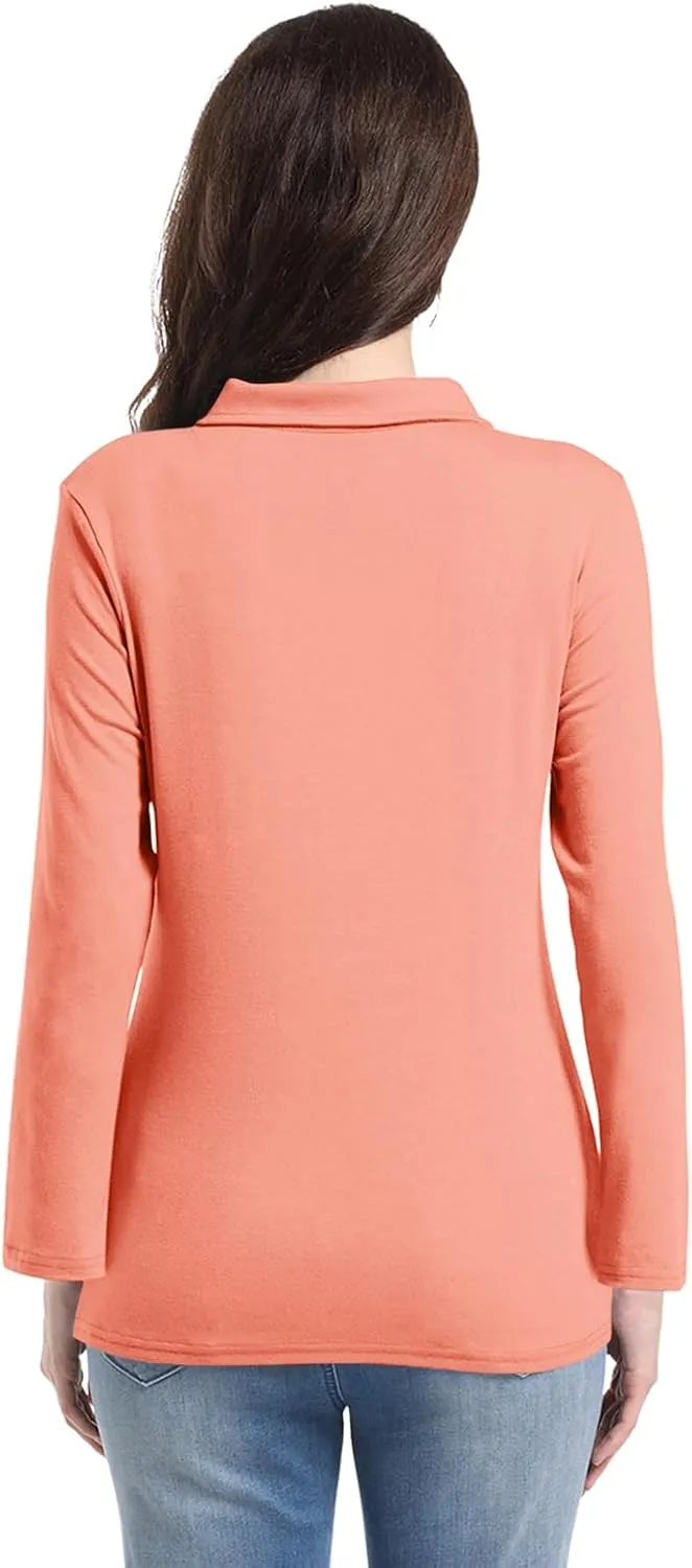PGANDS Women's Long Sleeve Collared Polo Shirts V Neck Button Down Casual Tops