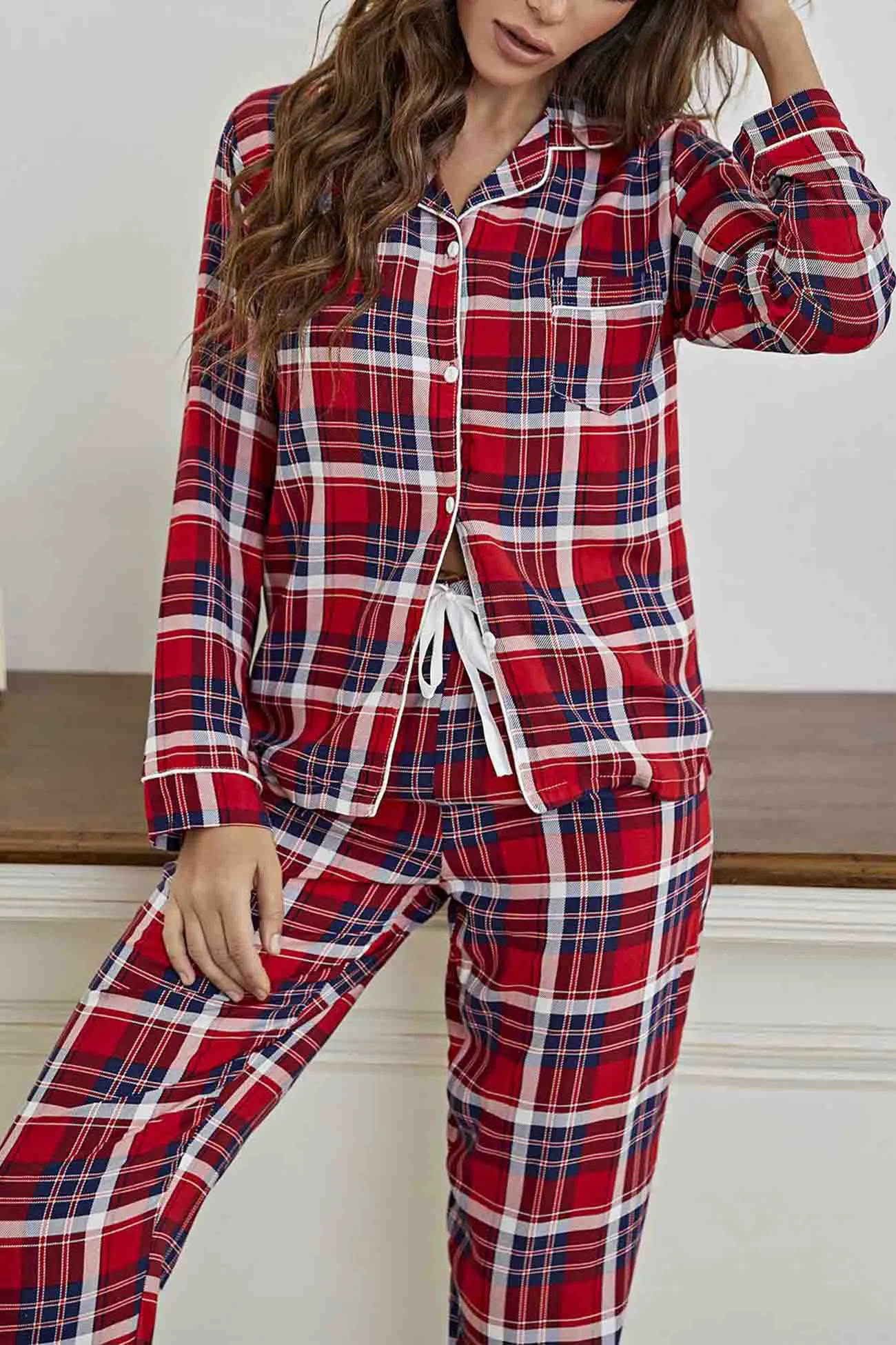 Plaid Lapel Two-Piece Loungewear