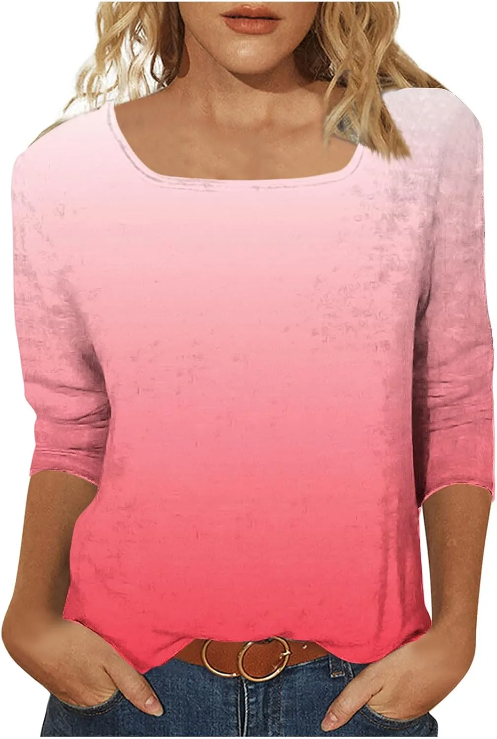 Plus Size Tops Womens 3/4 Length Sleeves Square Collar Gradient Color Tunic Top Casual Loose Going Out T-Shirts Summer