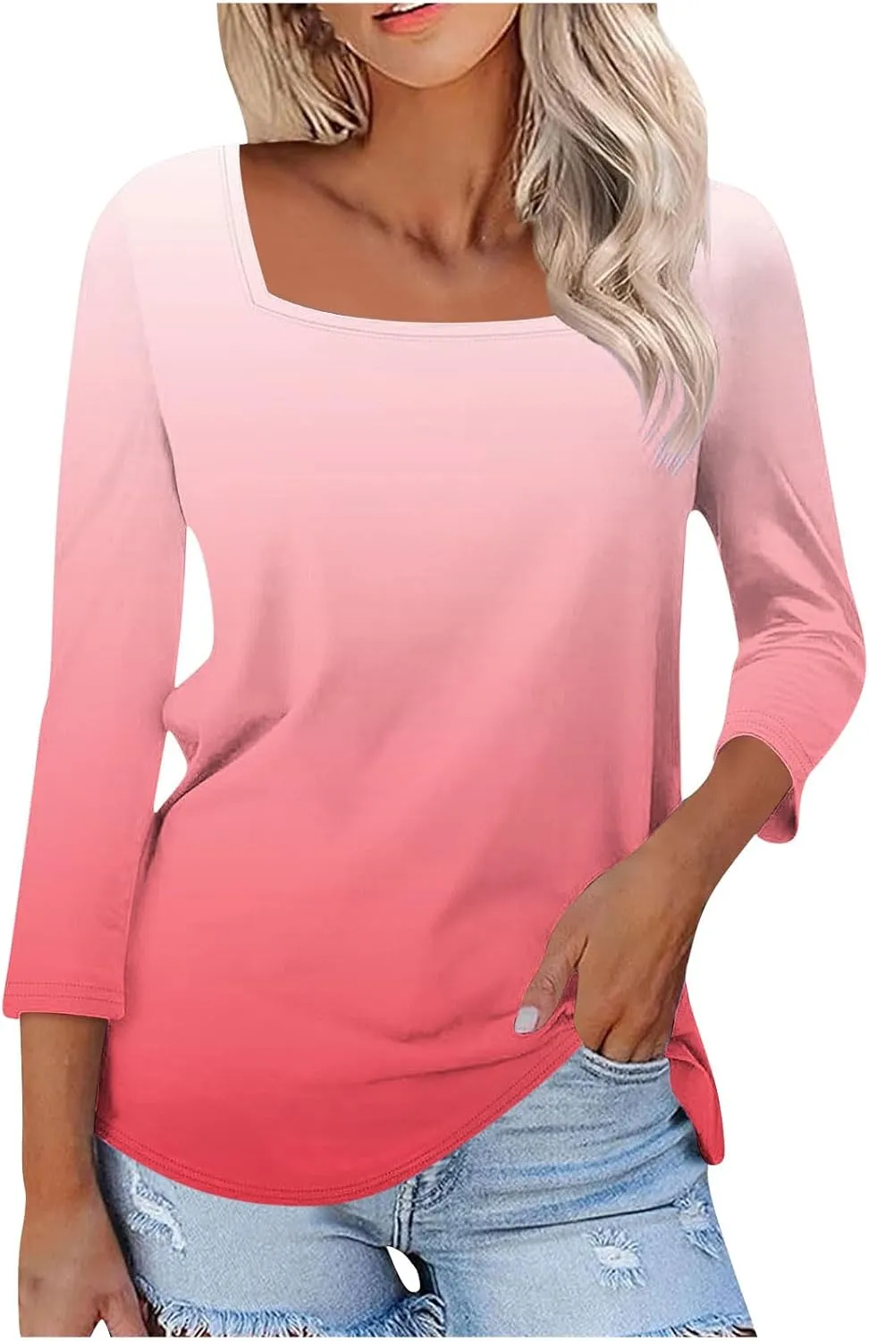 Plus Size Tops Womens 3/4 Length Sleeves Square Collar Gradient Color Tunic Top Casual Loose Going Out T-Shirts Summer