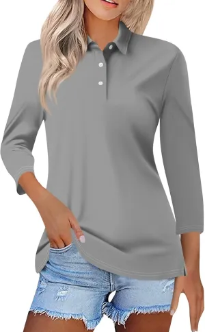 Polo Shirts for Women Summer Tops Button Down 3/4 Sleeve Golf Tees Shirts Lapel Collared Shirts Office Wear for Work