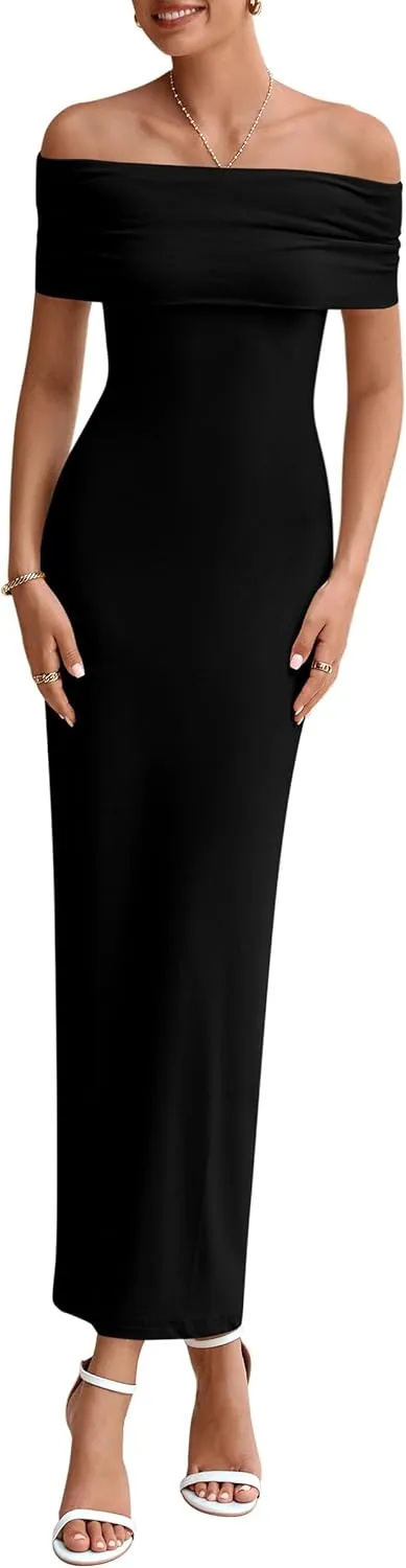 PRETTYGARDEN Women's Off The Shoulder Maxi Dresses 2025 Summer Formal Elegant Cocktail Party Wedding Guest Long Dress