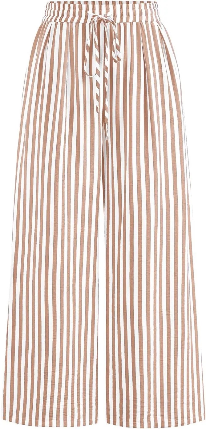 PRETTYGARDEN Womens Pants Elastic Waist Floral Lightweight Palazzo Pants for Women Casual Lounge Wide Leg Pants Woman