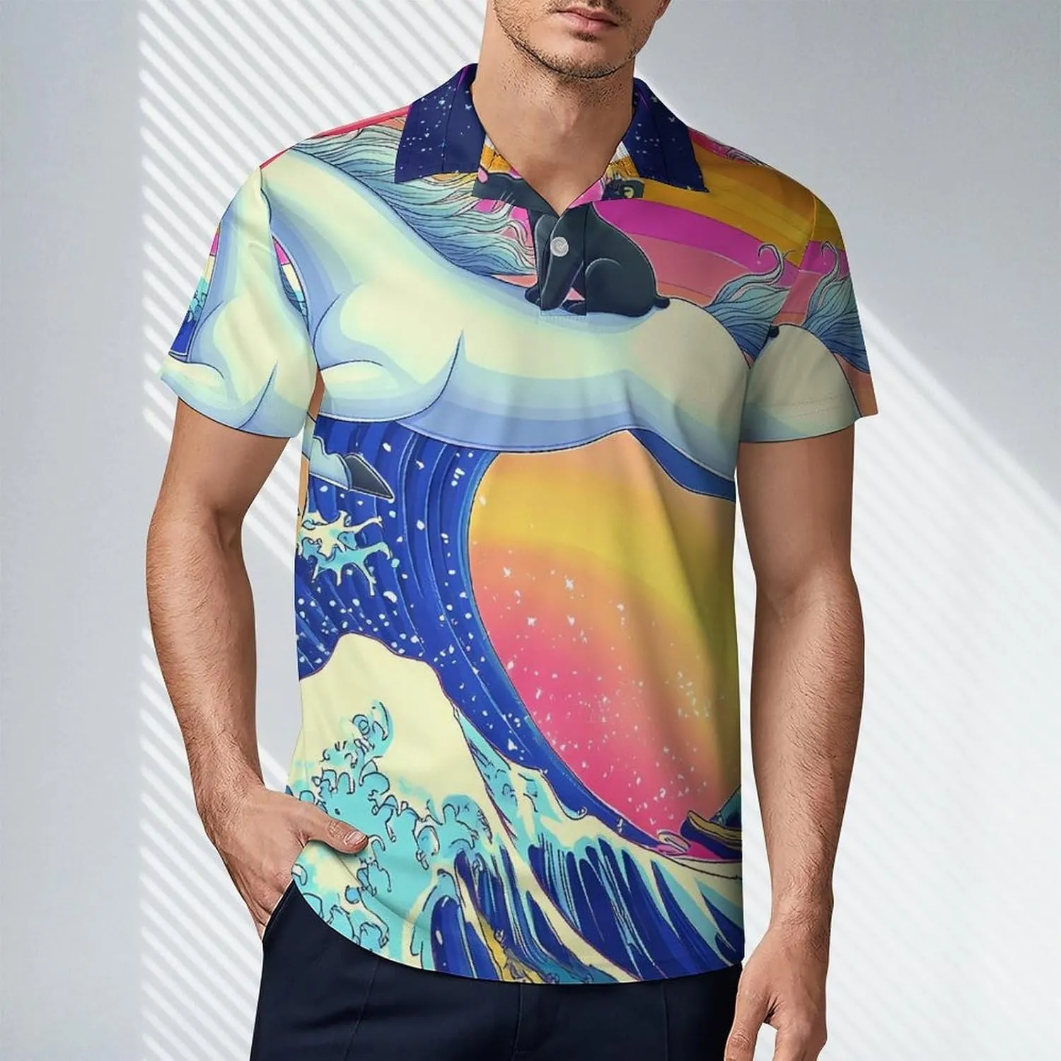 Rainbow Cat Riding U-nicorn Ocean Wave Japanese Golf Shirts for Men Print Polo Shirt T Shirts Casual Tops