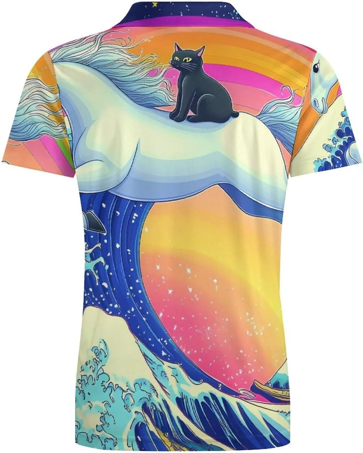 Rainbow Cat Riding U-nicorn Ocean Wave Japanese Golf Shirts for Men Print Polo Shirt T Shirts Casual Tops