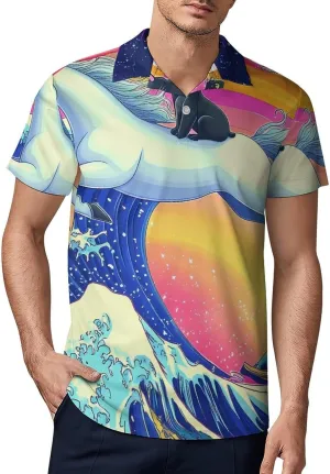 Rainbow Cat Riding U-nicorn Ocean Wave Japanese Golf Shirts for Men Print Polo Shirt T Shirts Casual Tops