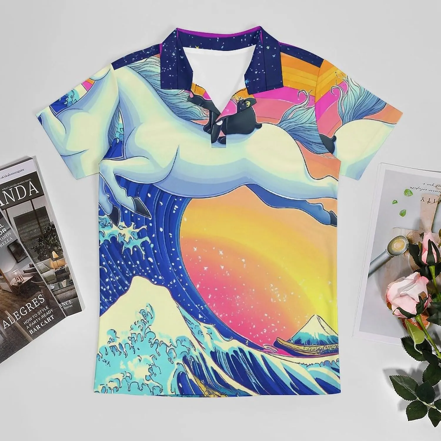 Rainbow Cat Riding U-nicorn Ocean Wave Japanese Golf Shirts for Men Print Polo Shirt T Shirts Casual Tops