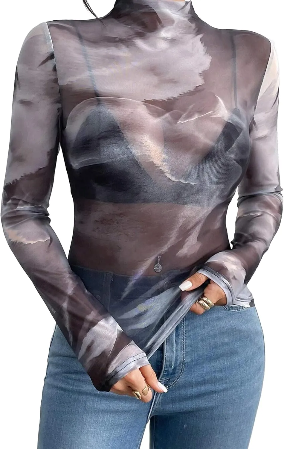 Remidoo Womens Sexy Sheer Mesh Long Sleeve Tops Round Neck Fitted T Shirt