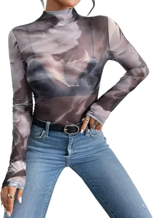 Remidoo Womens Sexy Sheer Mesh Long Sleeve Tops Round Neck Fitted T Shirt