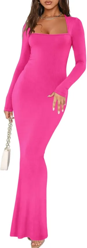 REORIA Womens Basic Sexy Square Neck Long Sleeve Soft Lounge Long Dress Fall Casual Ribbed Bodycon Maxi Dresses