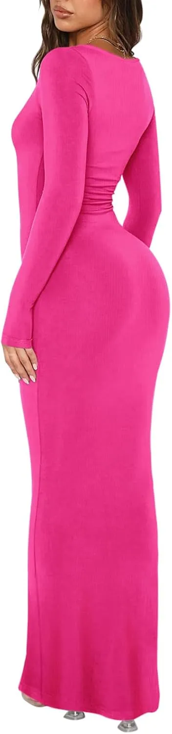 REORIA Womens Basic Sexy Square Neck Long Sleeve Soft Lounge Long Dress Fall Casual Ribbed Bodycon Maxi Dresses