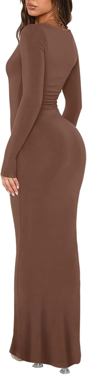 REORIA Womens Basic Sexy Square Neck Long Sleeve Soft Lounge Long Dress Fall Casual Ribbed Bodycon Maxi Dresses