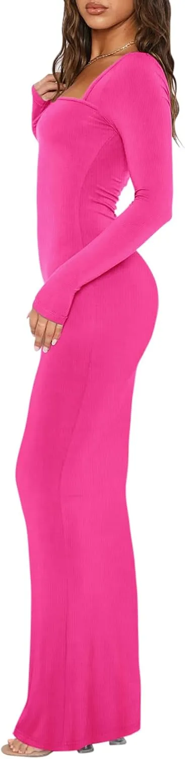 REORIA Womens Basic Sexy Square Neck Long Sleeve Soft Lounge Long Dress Fall Casual Ribbed Bodycon Maxi Dresses