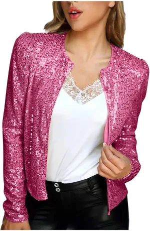 Sequin Jackets for Women Evening Party Glitter Tops Front Zip Long Sleeve Jackets Fashion Sparkly Bomber Clothes