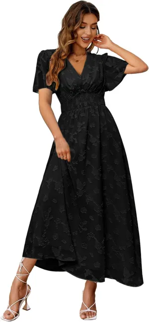 Simplee Women's Boho Floral Maxi Dress Flowy Casual V Neck Short Sleeve Wedding Guest Holiday Beach Long Dress